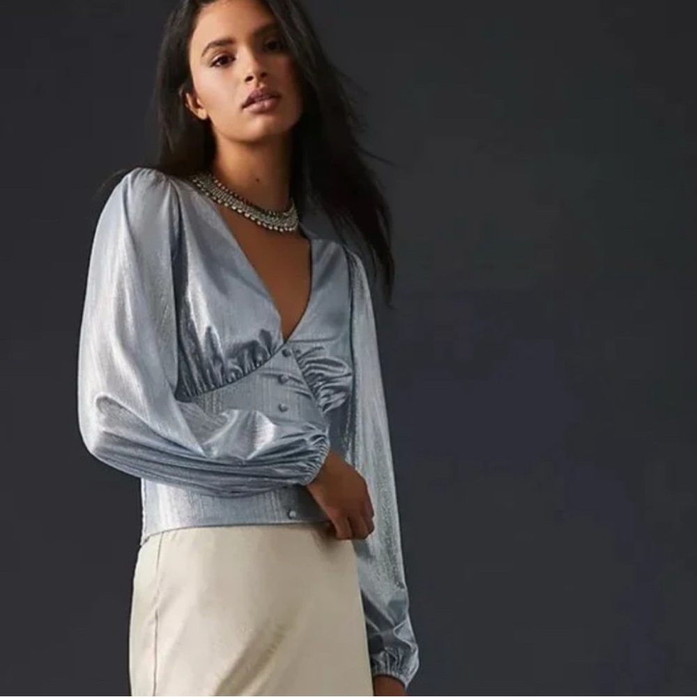 Anthropologie FLAT WHITE Shine Metallic Button Front Blouse in Silvery Blue